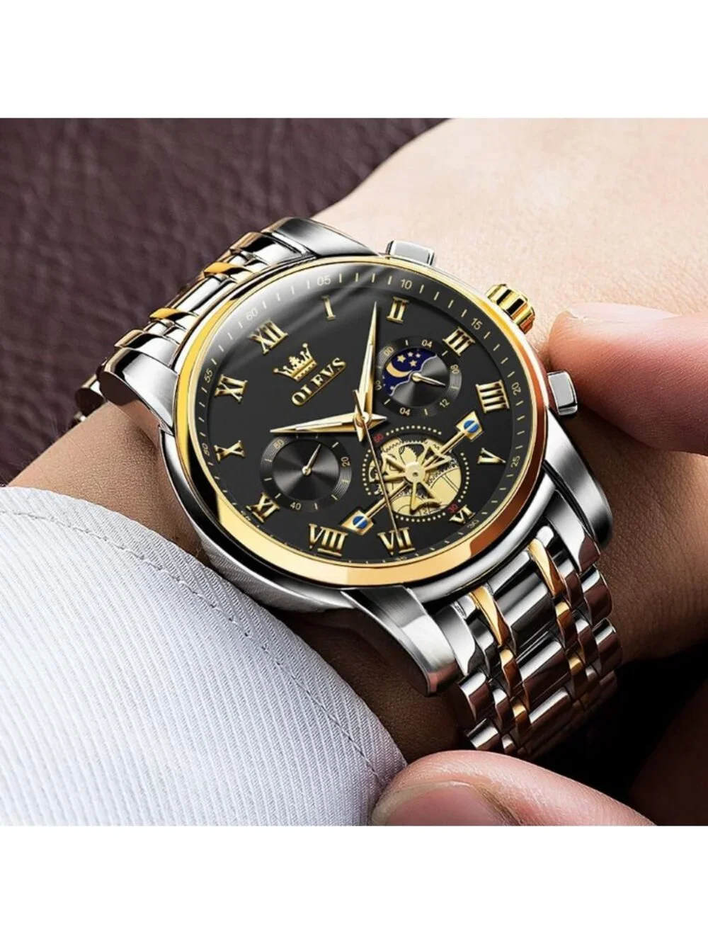 Men's Gold Silver Band and Black Stainless Steel Waterproof Big Face Wrist Watch
